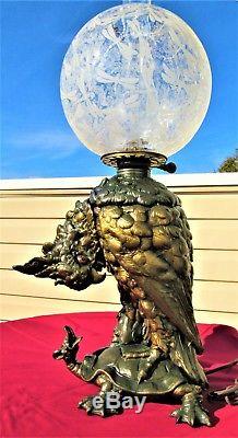 Rare 1870 CRAIGHEAD & KINTZ Cockatoo Oil Lamp w Stunning Etched Dragon Fly Globe