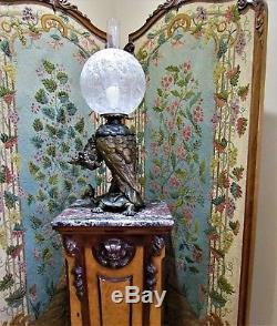 Rare 1870 CRAIGHEAD & KINTZ Cockatoo Oil Lamp w Stunning Etched Dragon Fly Globe