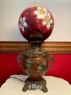 Rare ANTIQUE BRADLEY & HUBBARD GWTW BANQUET OIL LAMP Applied Branch & Leaves