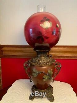 Rare ANTIQUE BRADLEY & HUBBARD GWTW BANQUET OIL LAMP Applied Branch & Leaves