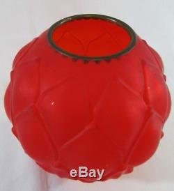 Rare Antique 8 BALL SHADE GLOBE SATIN RED Artichoke Oil Lamp with Brass Ring