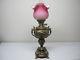 Rare Antique Banquet Lamp In Oil & Antique Mother Of Pearl White To Pink Shade
