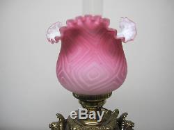Rare Antique Banquet Lamp In Oil & Antique Mother Of Pearl White To Pink Shade