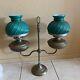 Rare! Antique Brass Double Arm Oil Lamp Green Glass Shades Desk Table Kerosene