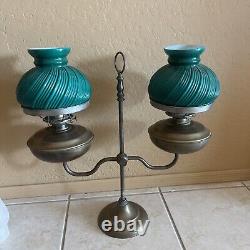 Rare! Antique Brass Double Arm Oil Lamp Green Glass Shades Desk Table Kerosene