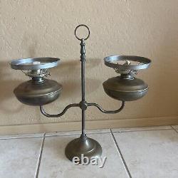 Rare! Antique Brass Double Arm Oil Lamp Green Glass Shades Desk Table Kerosene