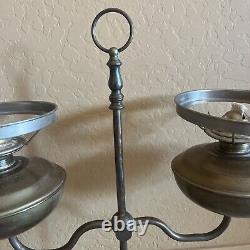 Rare! Antique Brass Double Arm Oil Lamp Green Glass Shades Desk Table Kerosene