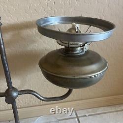 Rare! Antique Brass Double Arm Oil Lamp Green Glass Shades Desk Table Kerosene