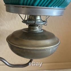 Rare! Antique Brass Double Arm Oil Lamp Green Glass Shades Desk Table Kerosene