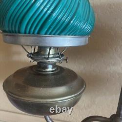 Rare! Antique Brass Double Arm Oil Lamp Green Glass Shades Desk Table Kerosene