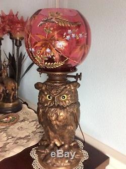 Rare Antique Craighead & Kintz Kerosene Owl Lamp -1876-Cranberry Enameled Shade