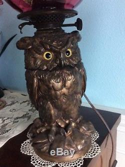 Rare Antique Craighead & Kintz Kerosene Owl Lamp -1876-Cranberry Enameled Shade