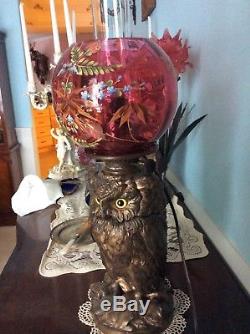 Rare Antique Craighead & Kintz Kerosene Owl Lamp -1876-Cranberry Enameled Shade