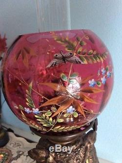 Rare Antique Craighead & Kintz Kerosene Owl Lamp -1876-Cranberry Enameled Shade