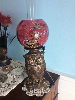 Rare Antique Craighead & Kintz Kerosene Owl Lamp -1876-Cranberry Enameled Shade