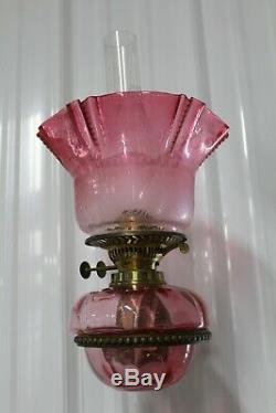Rare Antique Cranberry Glass Oil Wall Lamp Ruffled Shade Old Rare Chimney Duplex