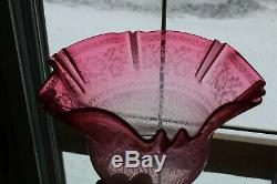 Rare Antique Cranberry Glass Oil Wall Lamp Ruffled Shade Old Rare Chimney Duplex