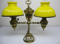 Rare Antique Hand Chased And Embossed P & A Student Lamp, Matched Lemon Shades