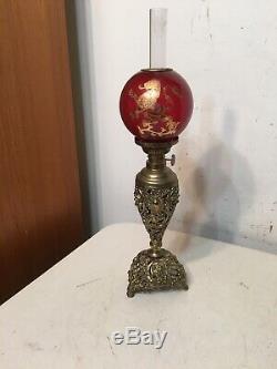 Rare Antique Miniature Oil Lamp Red Dragon Ball Shade