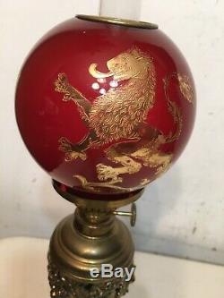 Rare Antique Miniature Oil Lamp Red Dragon Ball Shade