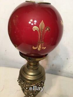 Rare Antique Miniature Oil Lamp Red Dragon Ball Shade