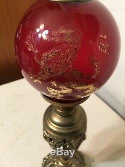 Rare Antique Miniature Oil Lamp Red Dragon Ball Shade