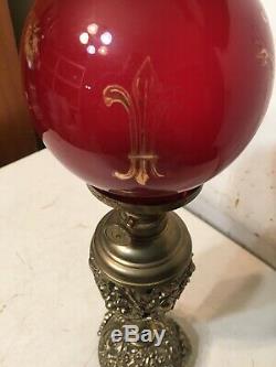 Rare Antique Miniature Oil Lamp Red Dragon Ball Shade