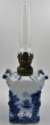 Rare Antique Petite DELFT Oil Lamp Square 2-Handled Base Burner Chimney Smith B2