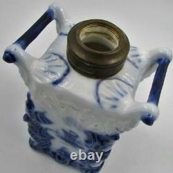 Rare Antique Petite DELFT Oil Lamp Square 2-Handled Base Burner Chimney Smith B2