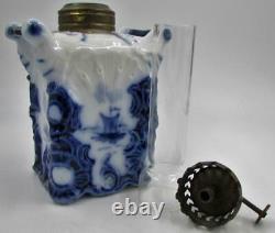 Rare Antique Petite DELFT Oil Lamp Square 2-Handled Base Burner Chimney Smith B2