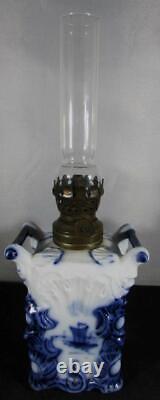 Rare Antique Petite DELFT Oil Lamp Square 2-Handled Base Burner Chimney Smith B2