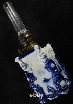 Rare Antique Petite DELFT Oil Lamp Square 2-Handled Base Burner Chimney Smith B2