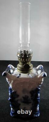 Rare Antique Petite DELFT Oil Lamp Square 2-Handled Base Burner Chimney Smith B2