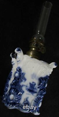 Rare Antique Petite DELFT Oil Lamp Square 2-Handled Base Burner Chimney Smith B2