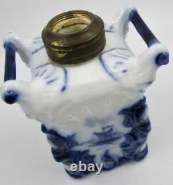 Rare Antique Petite DELFT Oil Lamp Square 2-Handled Base Burner Chimney Smith B2