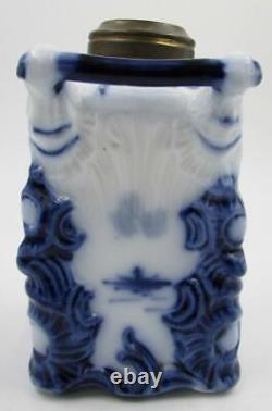 Rare Antique Petite DELFT Oil Lamp Square 2-Handled Base Burner Chimney Smith B2