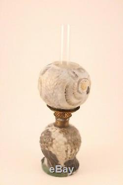 Rare Antique S1-497 Gray Milk Glass Figural Owl Miniature Oil Lamp Burner Light