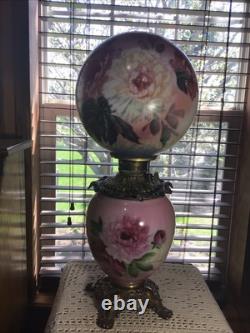 Rare Antique Signed Fostoria 24 GWTW Pink Green Floral Oil Lamp With Wick