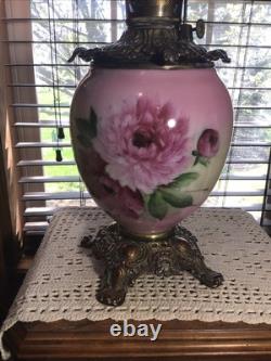 Rare Antique Signed Fostoria 24 GWTW Pink Green Floral Oil Lamp With Wick