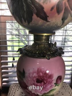 Rare Antique Signed Fostoria 24 GWTW Pink Green Floral Oil Lamp With Wick