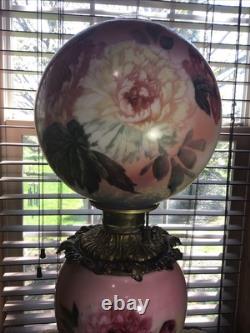 Rare Antique Signed Fostoria 24 GWTW Pink Green Floral Oil Lamp With Wick