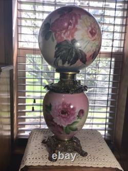 Rare Antique Signed Fostoria 24 GWTW Pink Green Floral Oil Lamp With Wick