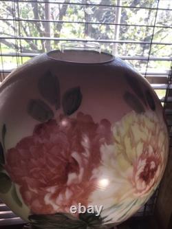 Rare Antique Signed Fostoria 24 GWTW Pink Green Floral Oil Lamp With Wick