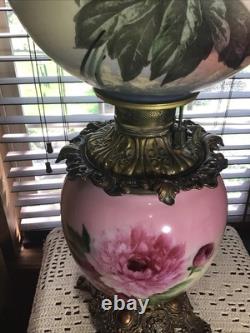 Rare Antique Signed Fostoria 24 GWTW Pink Green Floral Oil Lamp With Wick