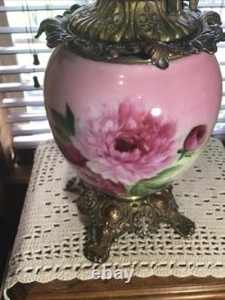Rare Antique Signed Fostoria 24 GWTW Pink Green Floral Oil Lamp With Wick