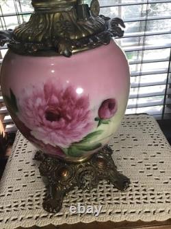 Rare Antique Signed Fostoria 24 GWTW Pink Green Floral Oil Lamp With Wick