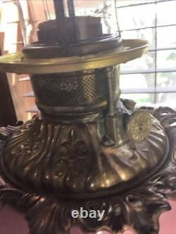 Rare Antique Signed Fostoria 24 GWTW Pink Green Floral Oil Lamp With Wick