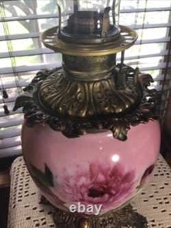 Rare Antique Signed Fostoria 24 GWTW Pink Green Floral Oil Lamp With Wick