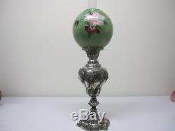 Rare Antique Silver Plated Jr Banquet Lamp Signed Sheffield, Floral Ball Shade