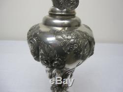Rare Antique Silver Plated Jr Banquet Lamp Signed Sheffield, Floral Ball Shade